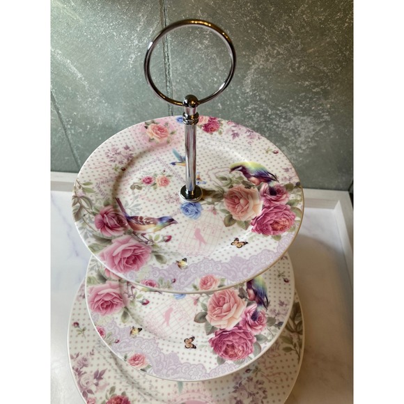 3 Tier Porcelain Serving Stand Birds Roses Lace Design Tea Party Dessert Display - Picture 5 of 6